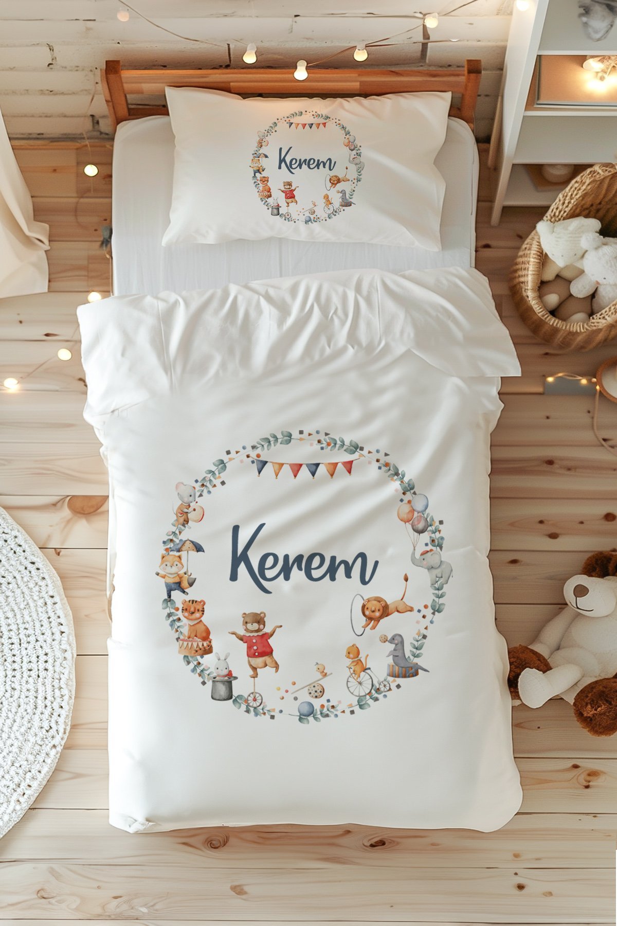 %100 Pamuk Saten İsme Özel Tek Kişilik Nevresim Takımı (160x220 cm) Sevimli Hayvanlar