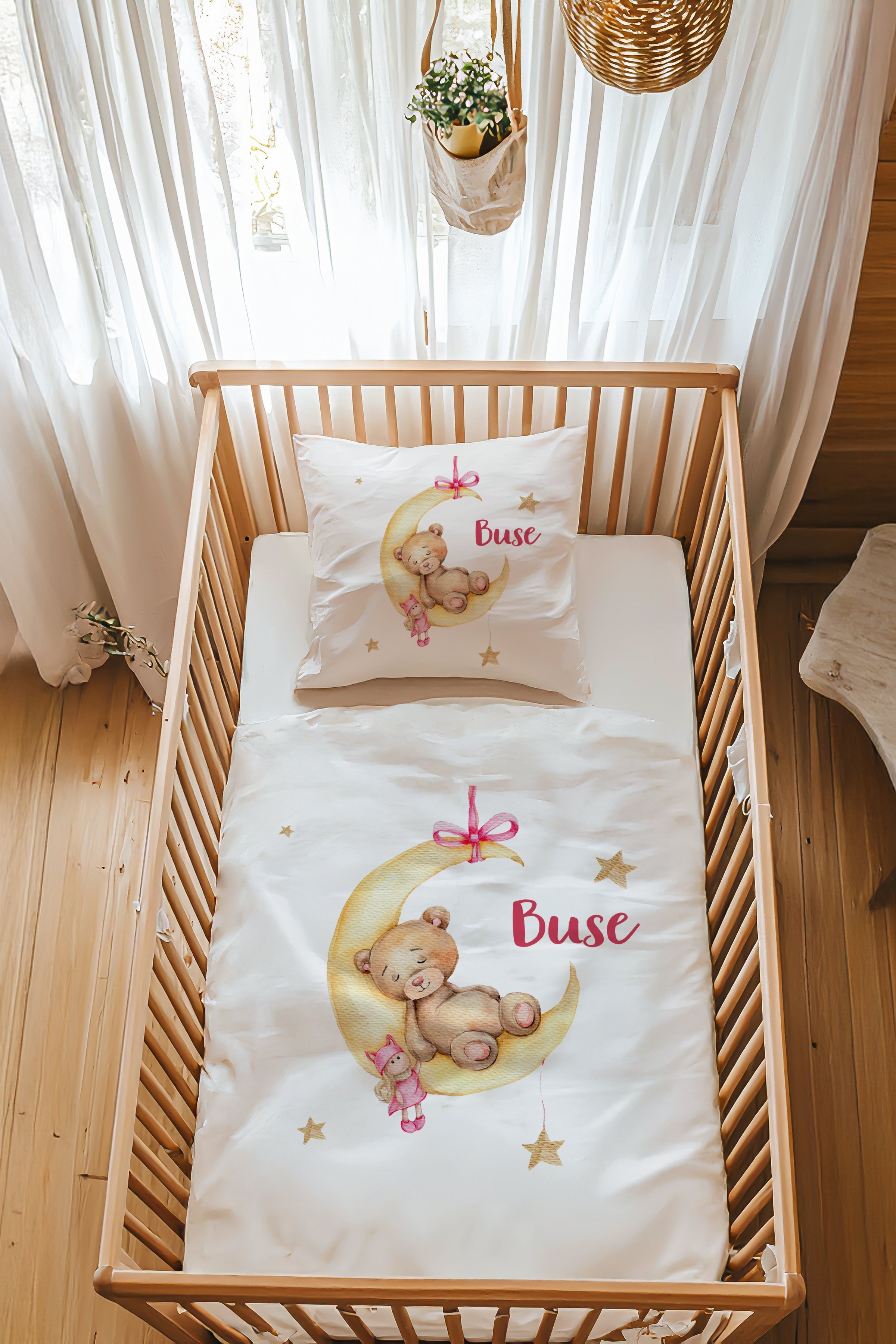 %100 Pamuk Saten İsme Özel Park Yatak Nevresim Takımı (70x120 cm) Pembe Oyuncaklı Ayıcık