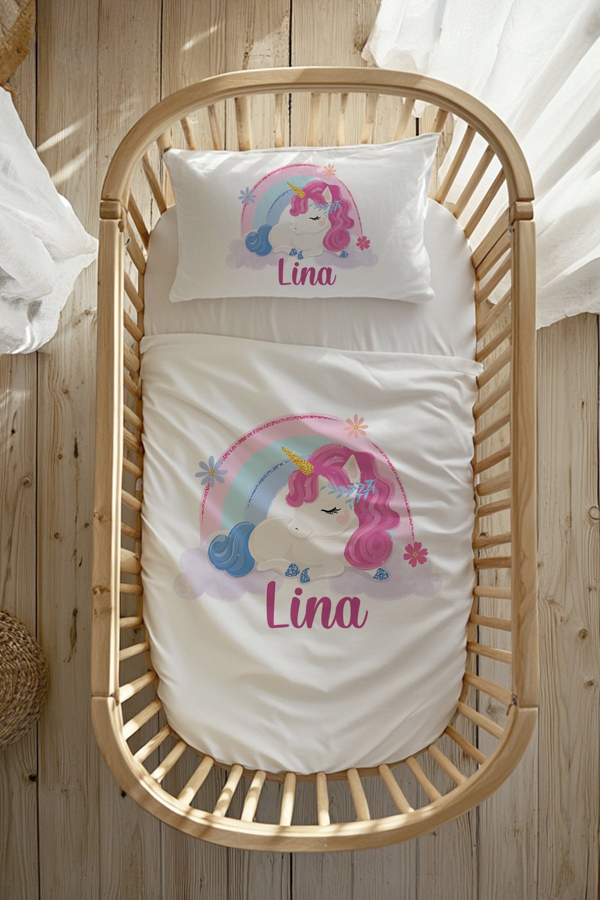 %100 Pamuk Saten İsme Özel Anne Yanı Beşik Nevresim Takımı (60x100 cm) Unicorn