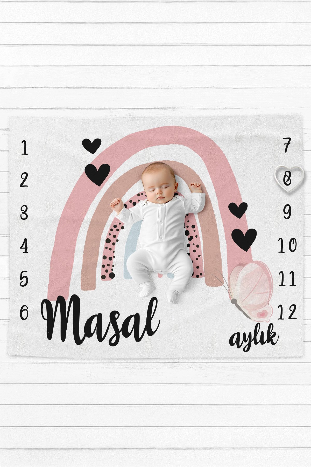 %100 Pamuk İsme Özel İsimli Bebek Fotoğraf Çekim Anı Örtüsü (120x100 cm) Kalpli Pembe Gökkuşağı