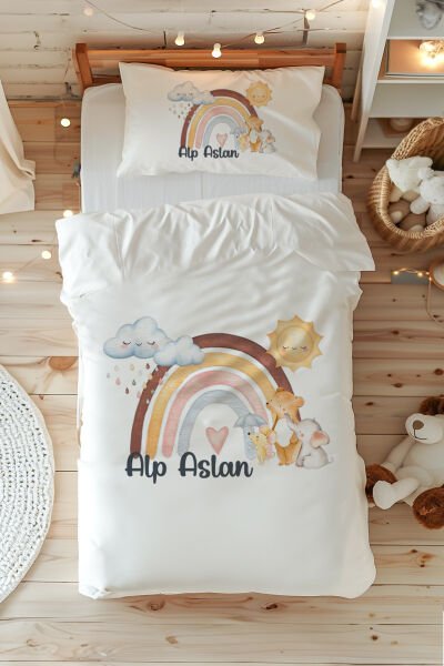 %100 Pamuk Saten İsme Özel Tek Kişilik Nevresim Takımı (160x220 cm) Gökkuşağı ve Hayvanlar