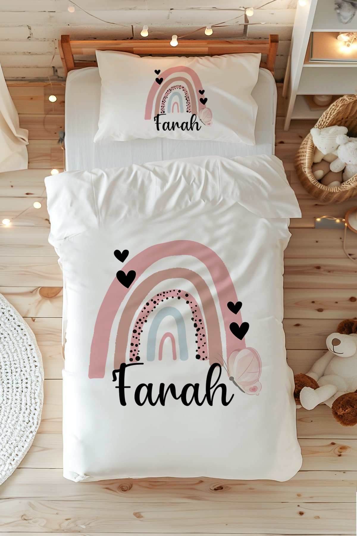 %100 Pamuk Saten İsme Özel Tek Kişilik Nevresim Takımı (160x220 cm) Kalpli Gökkuşağı