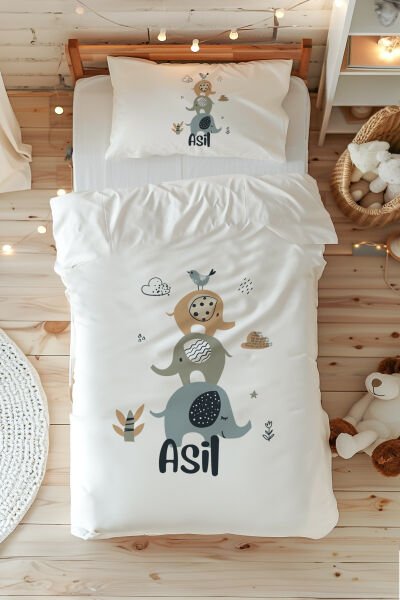 %100 Pamuk Saten İsme Özel Tek Kişilik Nevresim Takımı (160x220 cm) Fil Ailesi