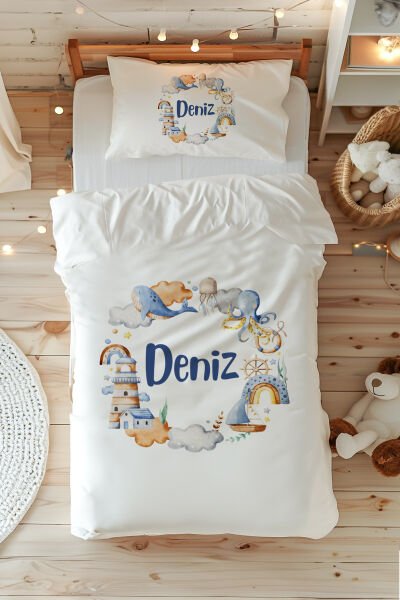 %100 Pamuk Saten İsme Özel Tek Kişilik Nevresim Takımı (160x220 cm) Deniz Feneri