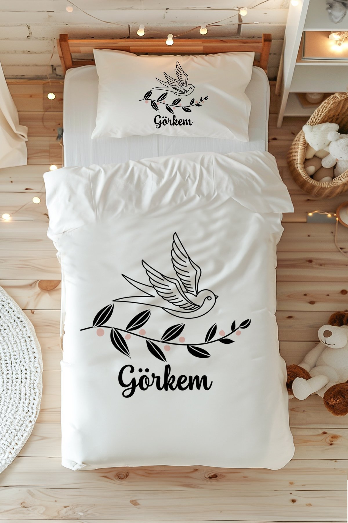 %100 Pamuk Saten İsme Özel Tek Kişilik Nevresim Takımı (160x220 cm) Kuş
