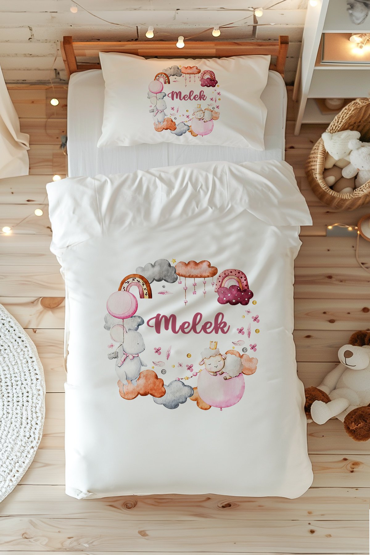 %100 Pamuk Saten İsme Özel Tek Kişilik Nevresim Takımı (160x220 cm) Kuzu ve Bulutlar