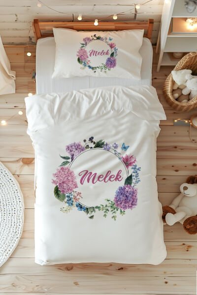 %100 Pamuk Saten İsme Özel Tek Kişilik Nevresim Takımı (160x220 cm) Ortanca Çiçeği