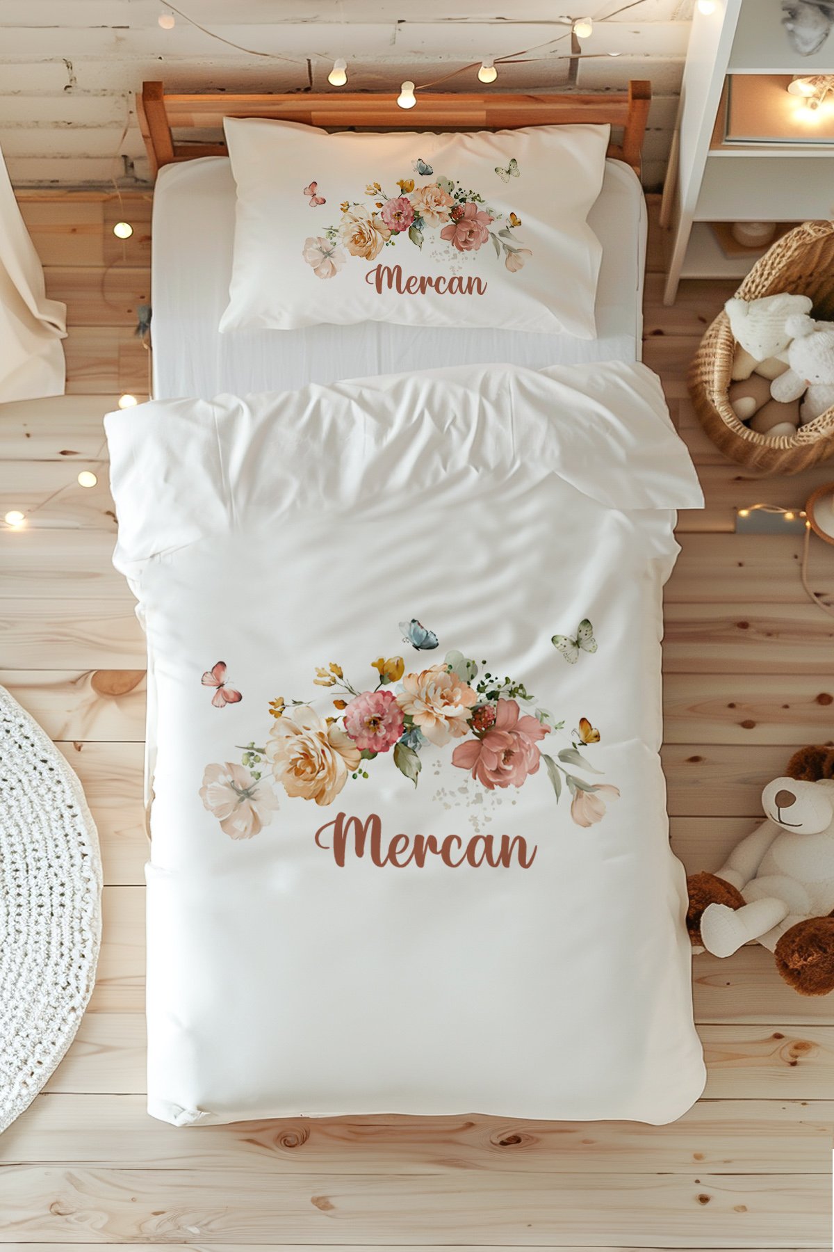 %100 Pamuk Saten İsme Özel Tek Kişilik Nevresim Takımı (160x220 cm) Çiçek