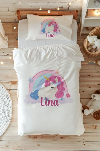 %100 Pamuk Saten İsme Özel Tek Kişilik Nevresim Takımı (160x220 cm) Unicorn