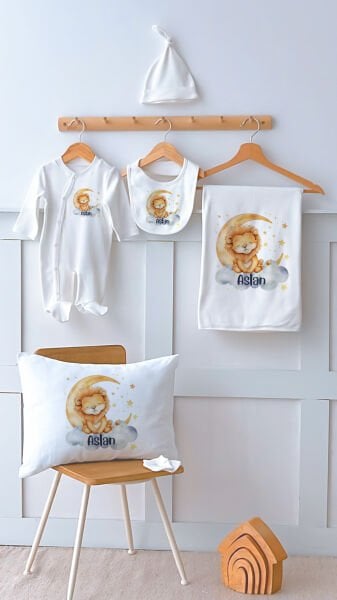 %100 Pamuk İsme Özel İsimli 6lı Hastane Çıkışı Tulum Set Ayda Uyuyan Aslan