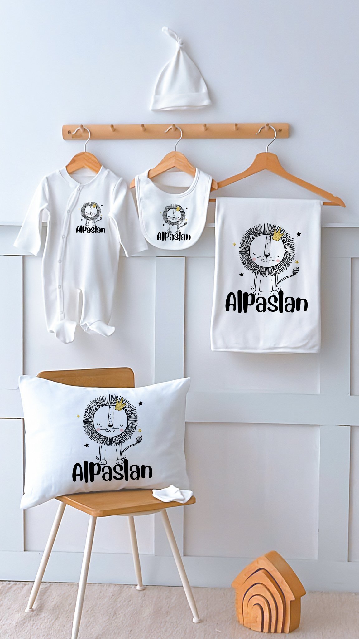 %100 Pamuk İsme Özel İsimli 6lı Hastane Çıkışı Tulum Set Çizgi Aslan