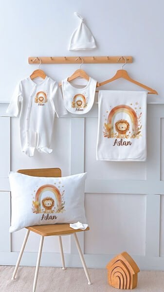 %100 Pamuk İsme Özel İsimli 6lı Hastane Çıkışı Tulum Set Gökkuşağı Aslan