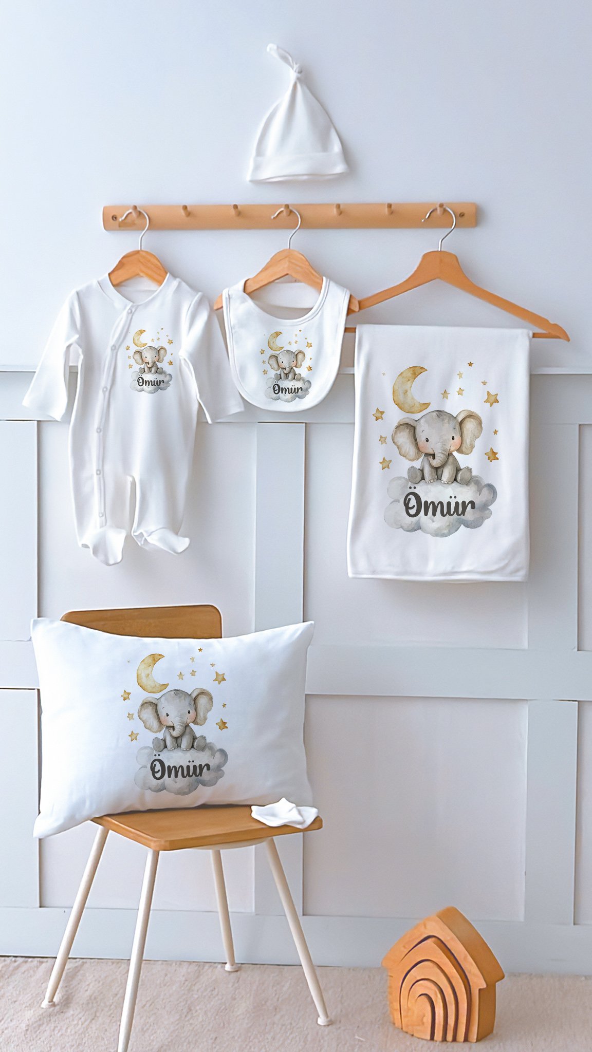 %100 Pamuk İsme Özel İsimli 6lı Hastane Çıkışı Tulum Set Bulut Üstünde Fil Yavrusu