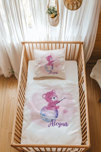 %100 Pamuk Saten İsme Özel Park Yatak Nevresim Takımı (70x120 cm) Pembe Ayıcık