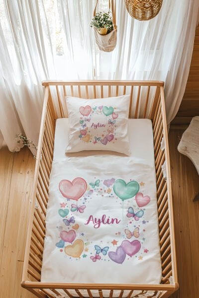%100 Pamuk Saten İsme Özel Park Yatak Nevresim Takımı (70x120 cm) Renkli Balonlar