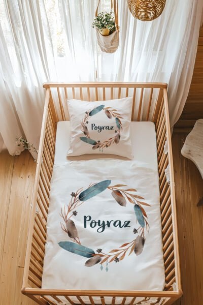 %100 Pamuk Saten İsme Özel Park Yatak Nevresim Takımı (70x120 cm) Kuş Tüyü Çemberi