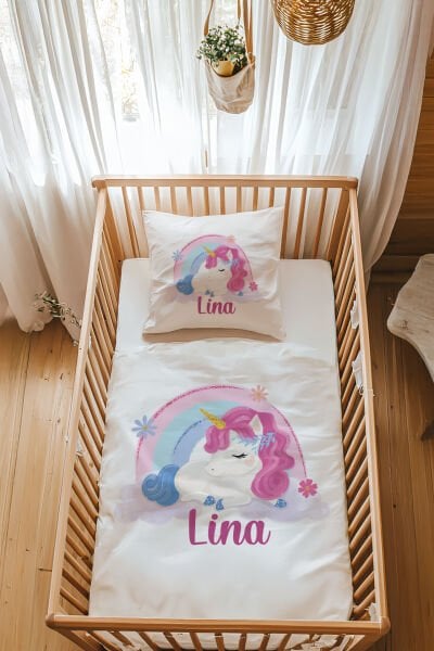 %100 Pamuk Saten İsme Özel Park Yatak Nevresim Takımı (70x120 cm) Unicorn