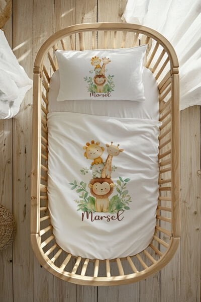 %100 Pamuk Saten İsme Özel Anne Yanı Beşik Nevresim Takımı (60x100 cm) Renkli Safari