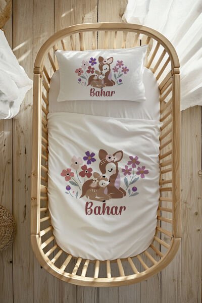 %100 Pamuk Saten İsme Özel Anne Yanı Beşik Nevresim Takımı (60x100 cm) Ceylan