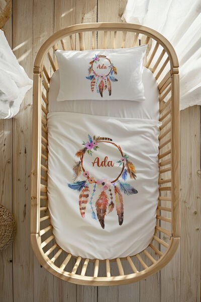 %100 Pamuk Saten İsme Özel Anne Yanı Beşik Nevresim Takımı (60x100 cm) Rüya Kapanı