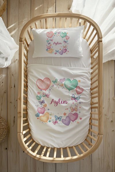 %100 Pamuk Saten İsme Özel Anne Yanı Beşik Nevresim Takımı (60x100 cm) Renkli Balonlar