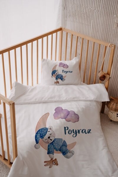 %100 Pamuk Saten İsme Özel Bebek Yatak Nevresim Takımı (100x150 cm) Pijamalı Ayıcık