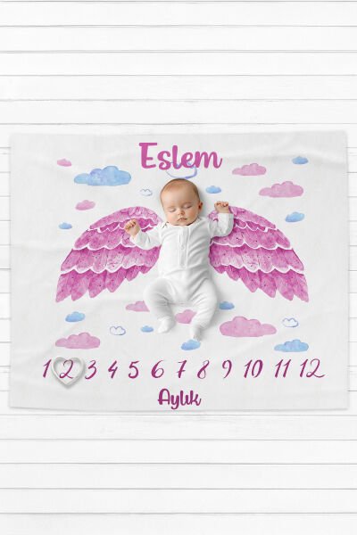 %100 Pamuk İsme Özel İsimli Bebek Fotoğraf Çekim Anı Örtüsü (120x100 cm) Pembe Kanat