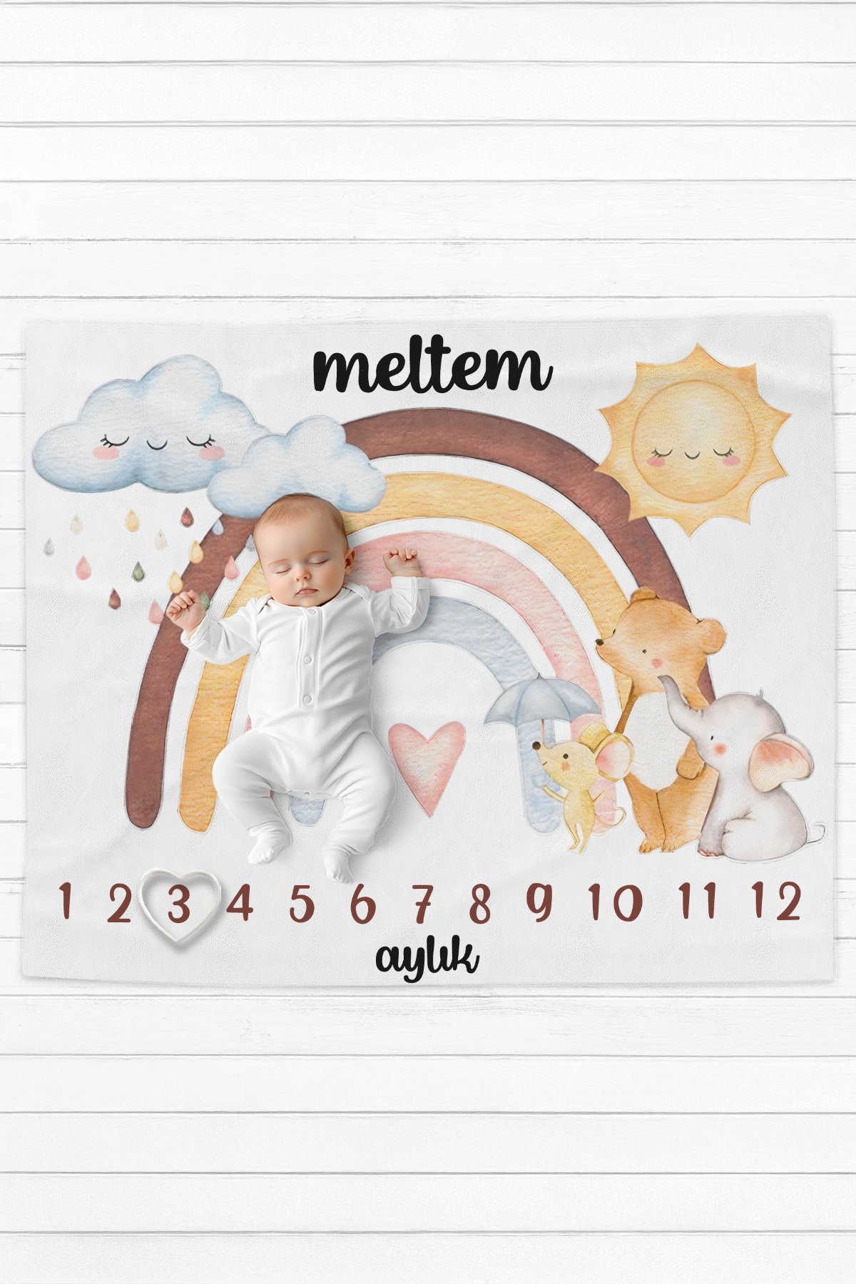 %100 Pamuk İsme Özel İsimli Bebek Fotoğraf Çekim Anı Örtüsü (120x100 cm) Sevimli Hayvanlar