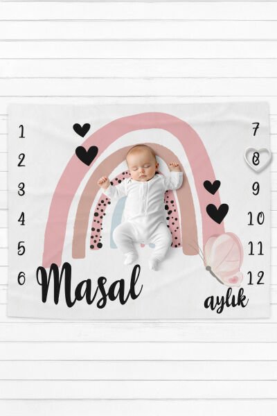 %100 Pamuk İsme Özel İsimli Bebek Fotoğraf Çekim Anı Örtüsü (120x100 cm) Kalpli Pembe Gökkuşağı
