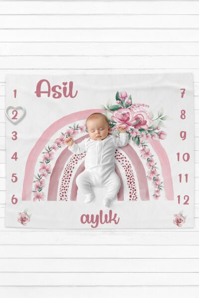 %100 Pamuk İsme Özel İsimli Bebek Fotoğraf Çekim Anı Örtüsü (120x100 cm) Çiçekli Gökkuşağı