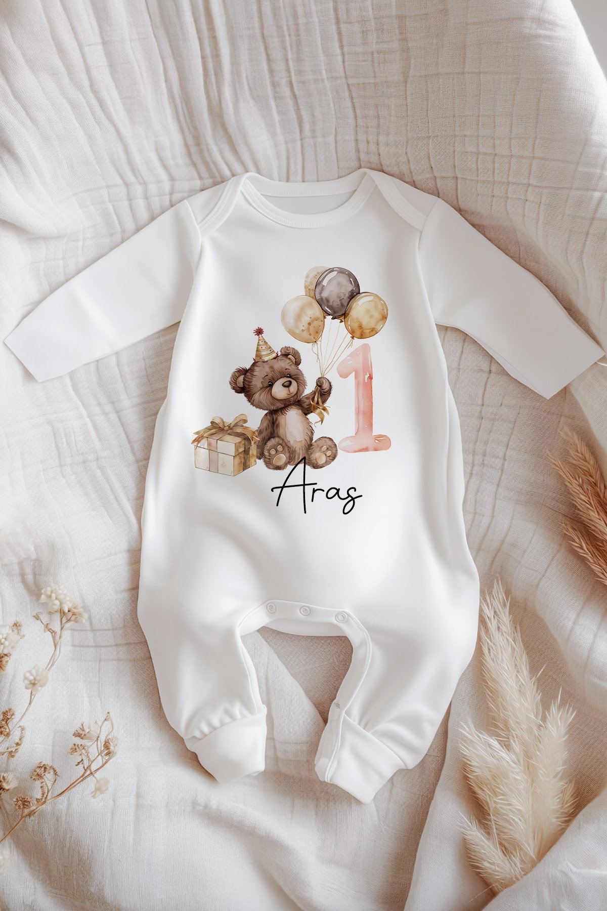 İsme Özel İsimli Doğum Günü Bebek Tulum 1 Yaş Ayıcık