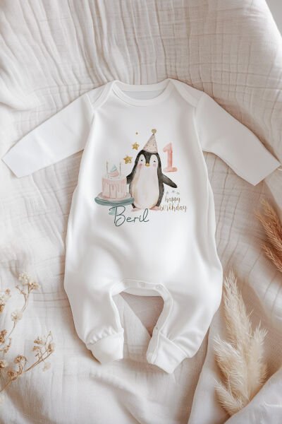 İsme Özel İsimli Doğum Günü Bebek Tulum 1 Yaş Penguen