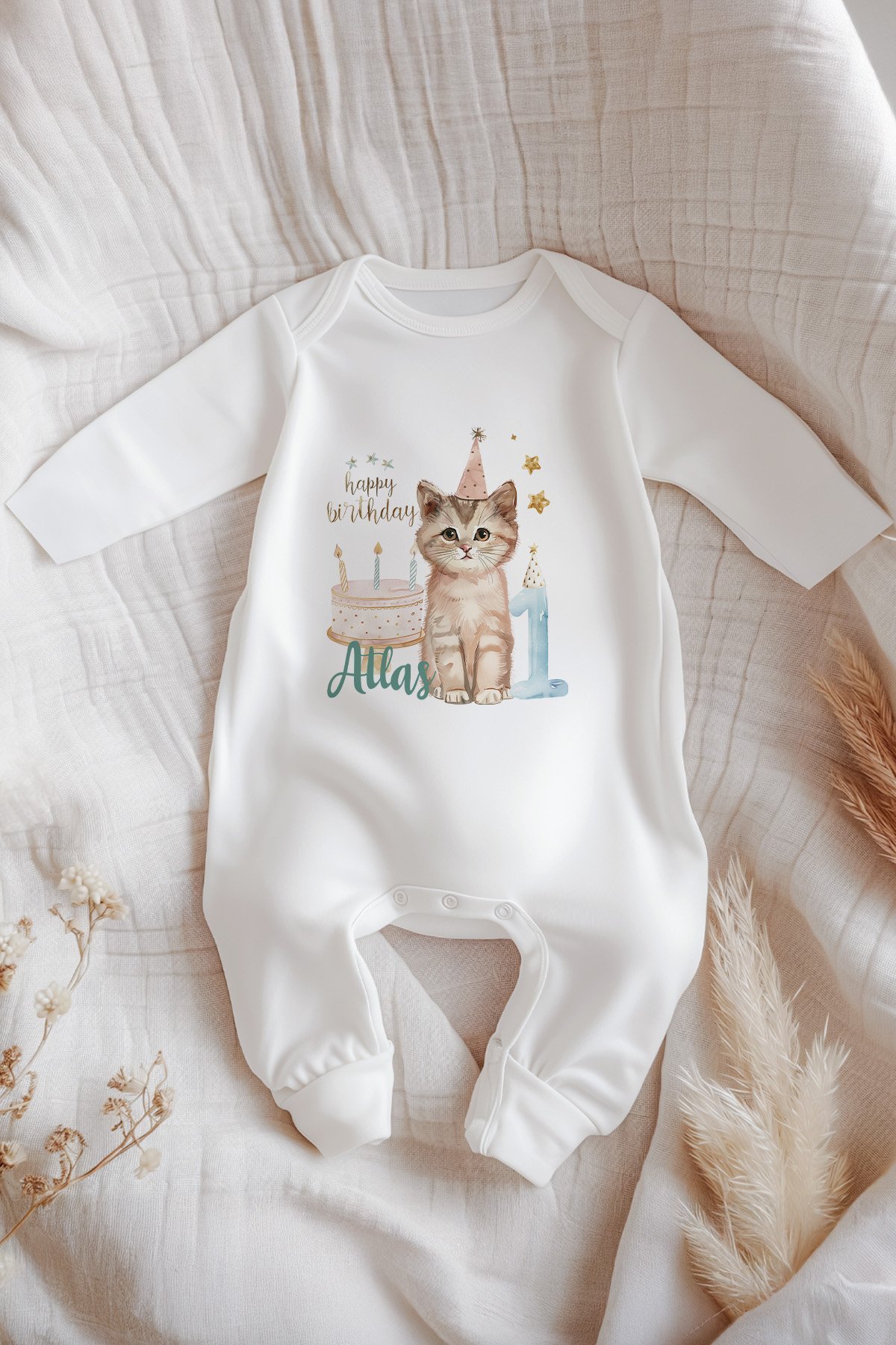 İsme Özel İsimli Doğum Günü Bebek Tulum 1 Yaş Kedi