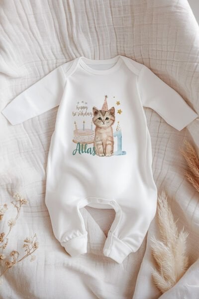 İsme Özel İsimli Doğum Günü Bebek Tulum 1 Yaş Kedi