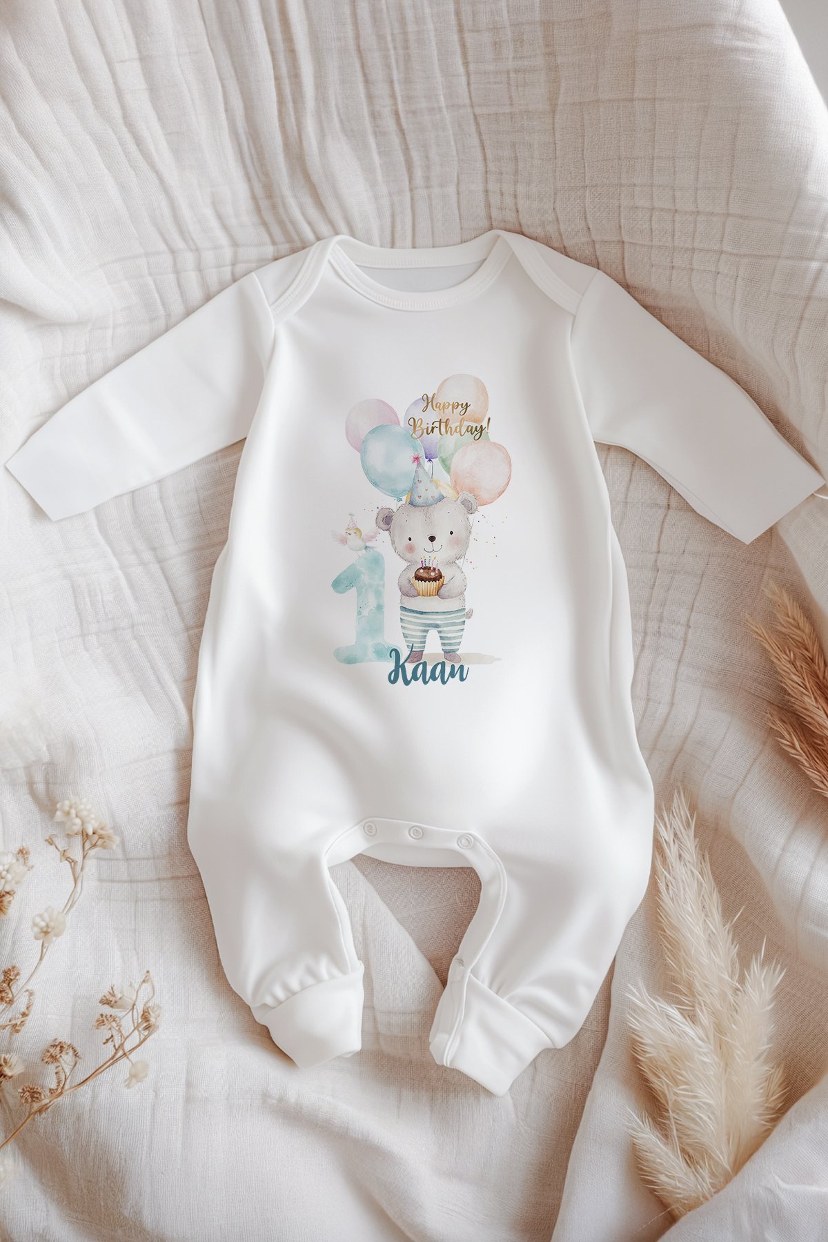 İsme Özel İsimli Doğum Günü Bebek Tulum 1 Yaş Pijamalı Ayıcık