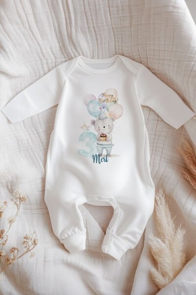 İsme Özel İsimli Doğum Günü Bebek Tulum 3 Yaş Pijamalı Ayıcık
