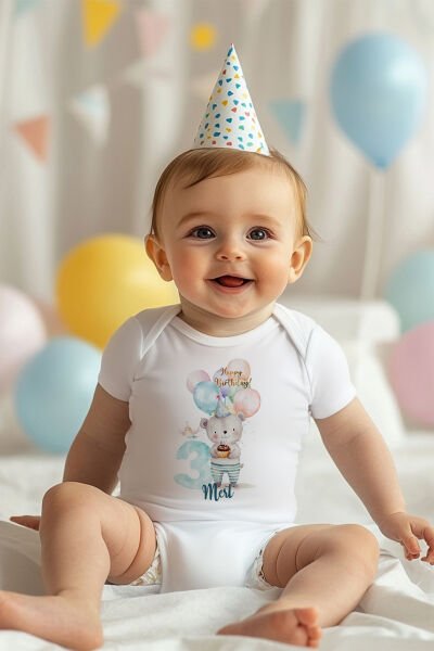 İsme Özel Doğum Günü Bebek Body 3 Yaş Pijamalı Ayıcık