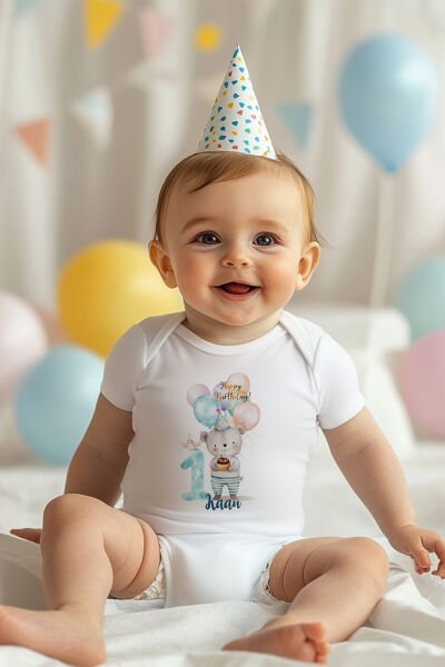 İsme Özel Doğum Günü Bebek Body 1 Yaş Pijamalı Ayıcık