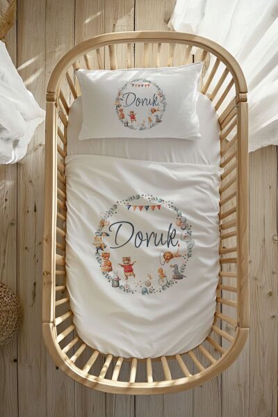 %100 Pamuk Saten İsme Özel Anne Yanı Beşik Nevresim Takımı (60x100 cm) Sirk