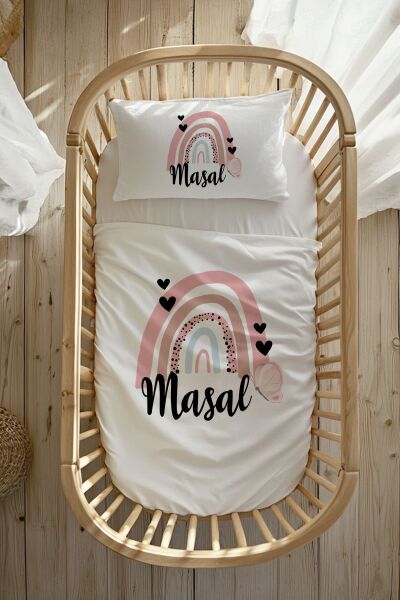 %100 Pamuk Saten İsme Özel Anne Yanı Beşik Nevresim Takımı (60x100 cm) Gökkuşağı